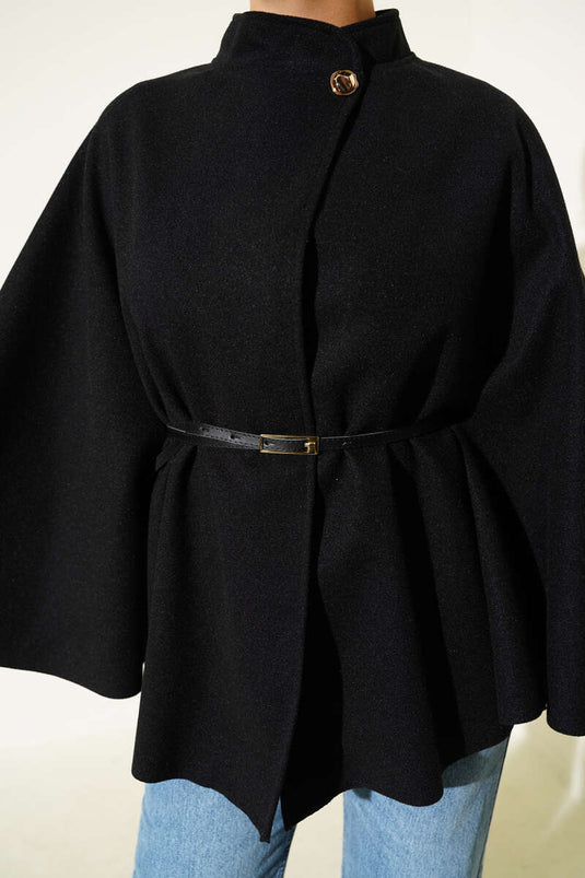 Thin Belt Detailed Cashmere Poncho Black