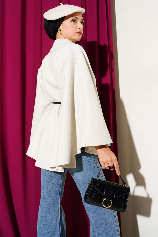 Thin Belt Detail Cashmere Poncho with Stones