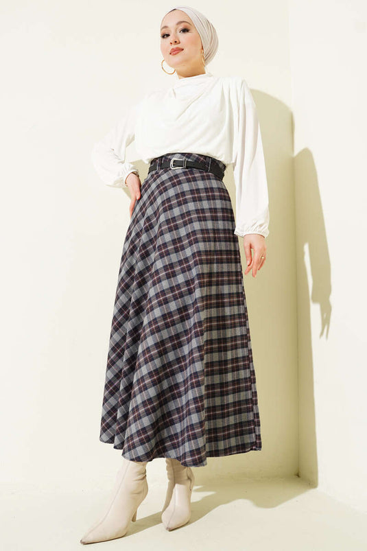 İnce Kemerli Ekoseli Etek Füme Lacivert