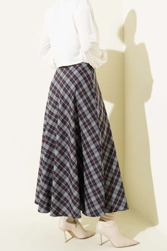 İnce Kemerli Ekoseli Etek Füme Lacivert