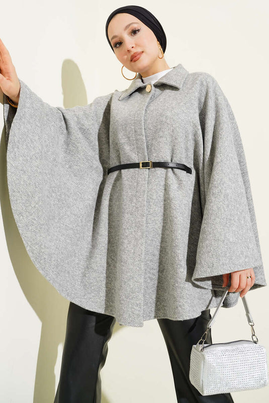 Thin Belted Shirt Collar Cashmere Poncho Grey