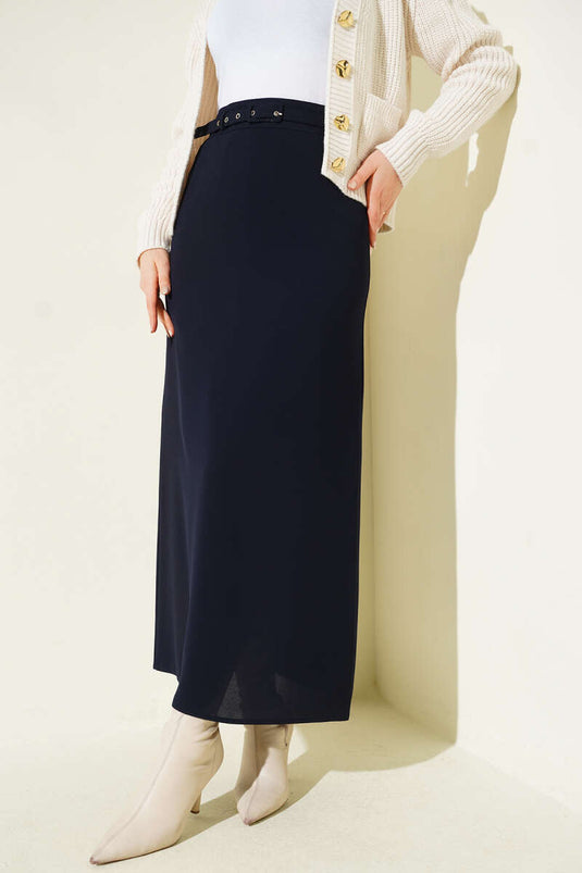 İnce Kemerli Kalem Etek Lacivert