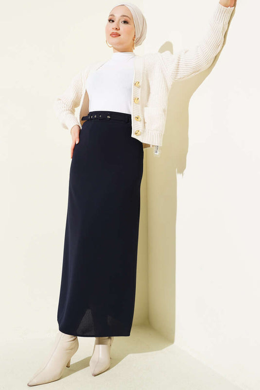 İnce Kemerli Kalem Etek Lacivert