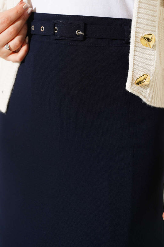 İnce Kemerli Kalem Etek Lacivert