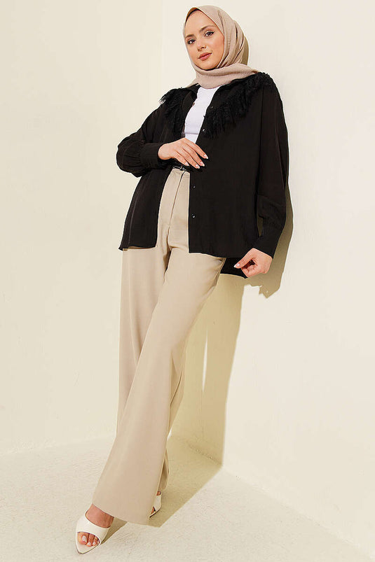 Beige Geplisseerde Stoffen Broek Met Dun Riempje