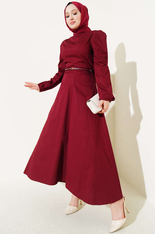 Dunne Poplin Jurk met Riem, Bordeauxrood