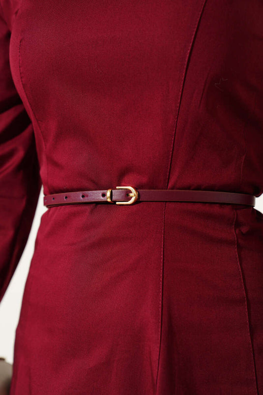 Dunne Poplin Jurk met Riem, Bordeauxrood