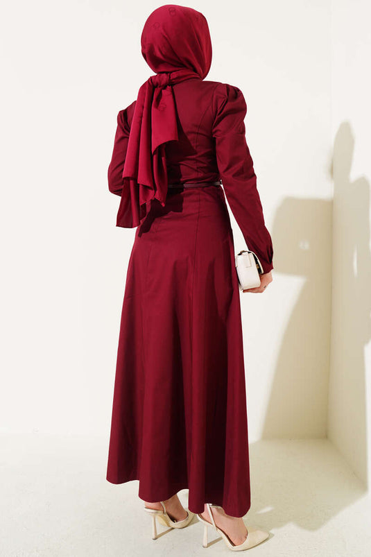 Dunne Poplin Jurk met Riem, Bordeauxrood