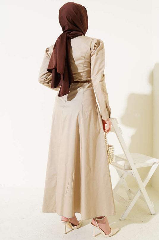 Dunne Poplin Jurk met Riem, Nerts