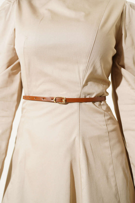 Dunne Poplin Jurk met Riem, Nerts