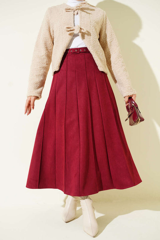 Thin Belted Suede Skirt Burgundy