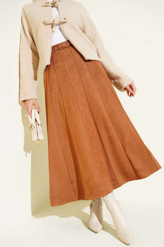 Thin Belted Suede Skirt Tan