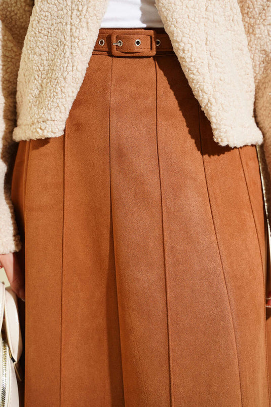 Thin Belted Suede Skirt Tan