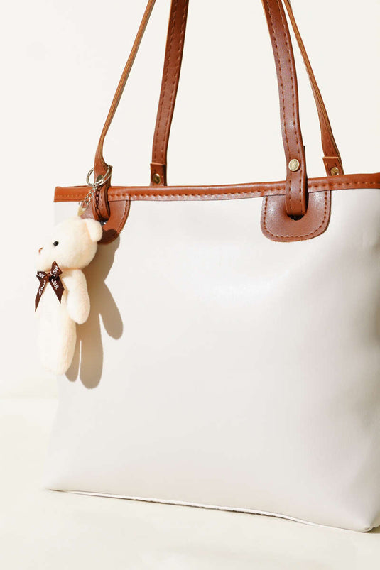 Grey Thin-Handled Bag with Teddy Bear Accessory