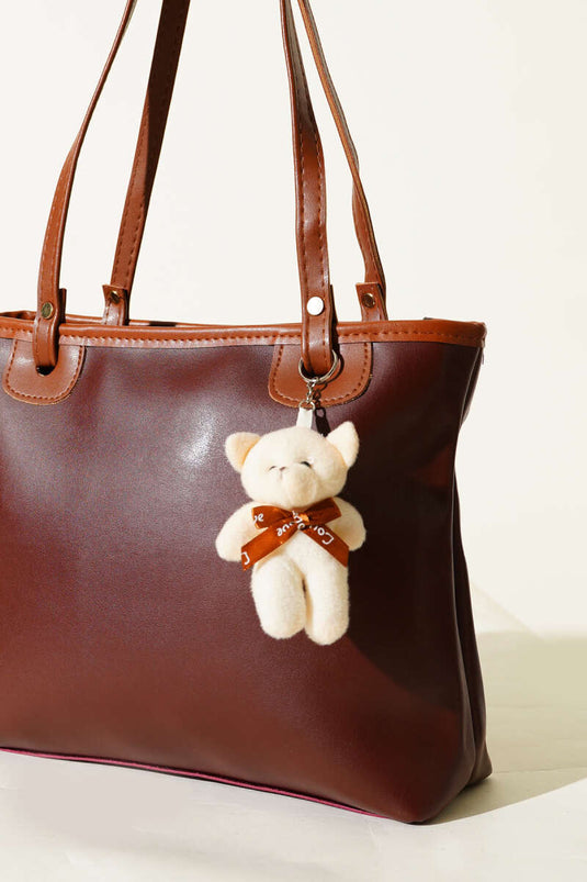 Sac à accessoires ours en peluche à anses fines, couleur café