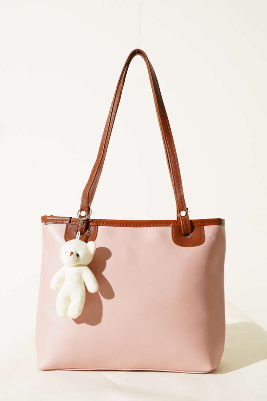 Sac à accessoires ours en peluche à anses fines, rose poudré