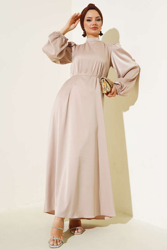 Robe En Satin Élastique À Manches Fines Ceinturées Beige