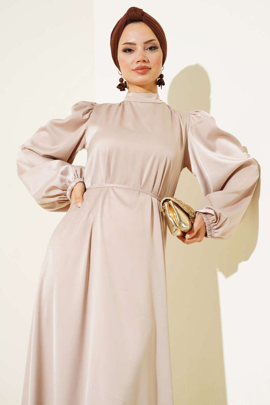 Robe En Satin Élastique À Manches Fines Ceinturées Beige