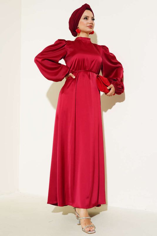 Robe en satin élastique à manches fines et ceinturées Rouge Claret