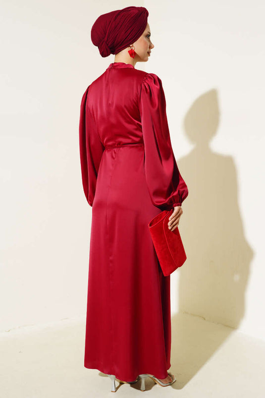 Robe en satin élastique à manches fines et ceinturées Rouge Claret