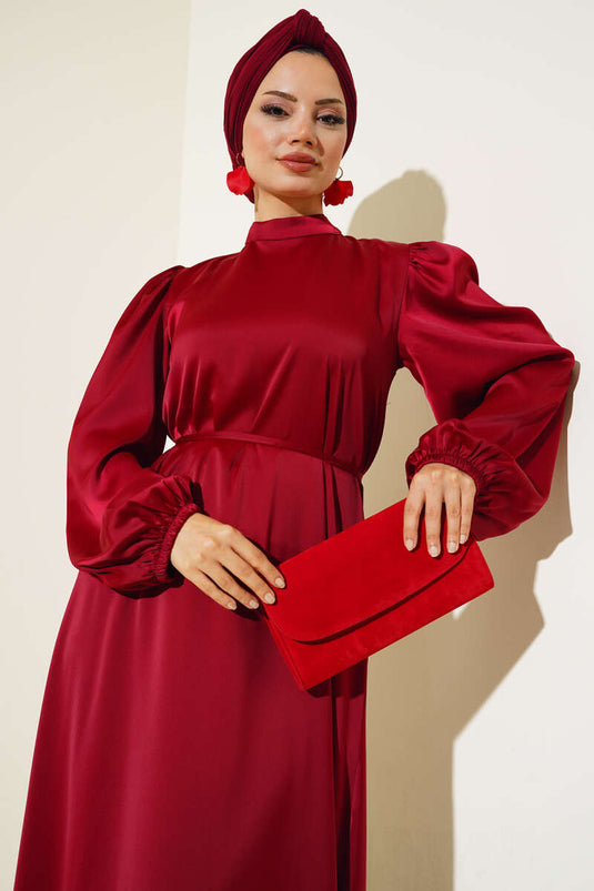 Robe en satin élastique à manches fines et ceinturées Rouge Claret