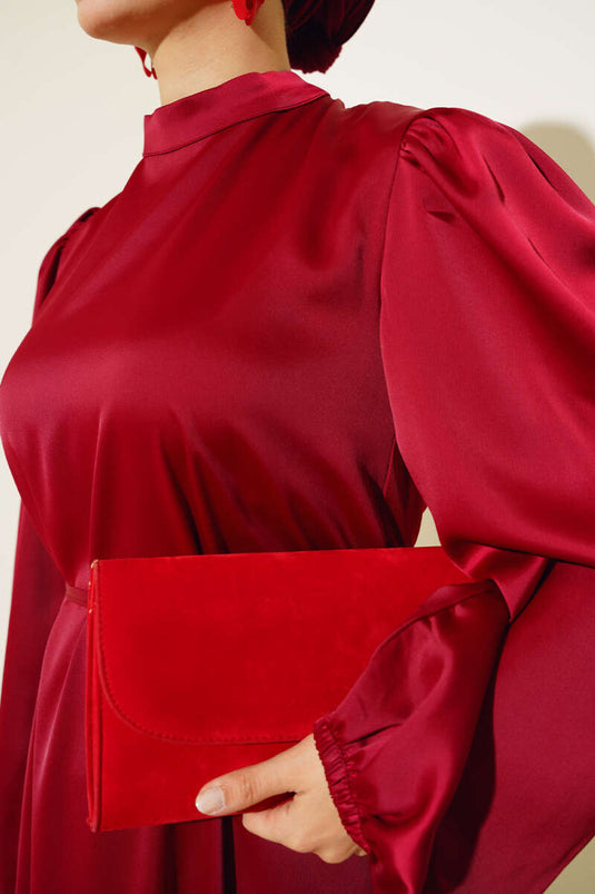Robe en satin élastique à manches fines et ceinturées Rouge Claret