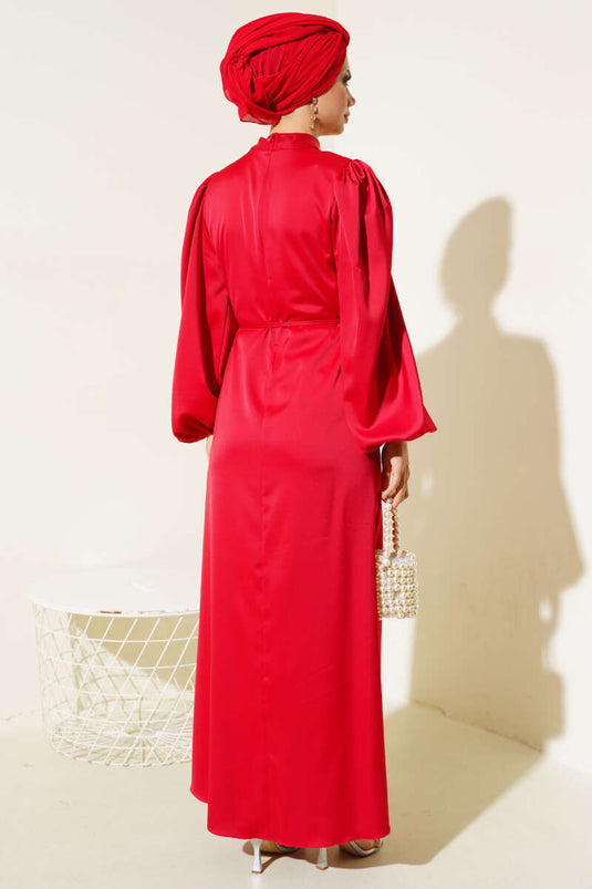 Robe En Satin Élastique À Manches Fines Ceinturées Rouge