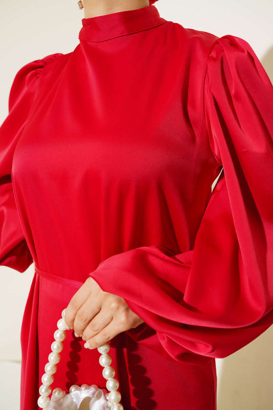 Robe En Satin Élastique À Manches Fines Ceinturées Rouge