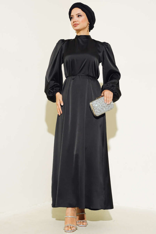 Robe En Satin Élastique À Manches Fines Ceinturées Noir