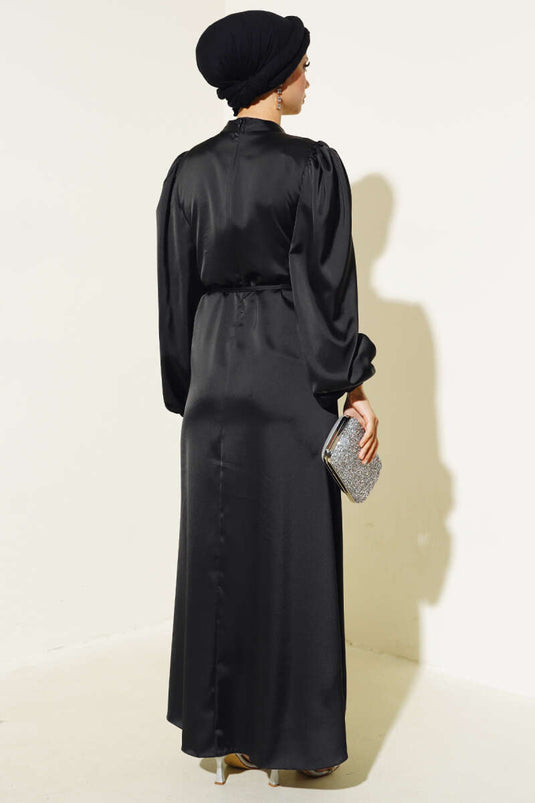 Robe En Satin Élastique À Manches Fines Ceinturées Noir