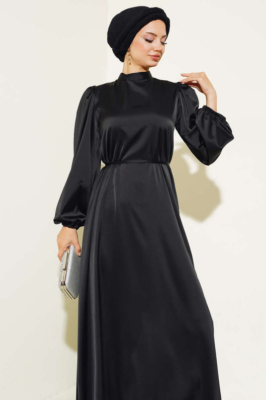 Robe En Satin Élastique À Manches Fines Ceinturées Noir