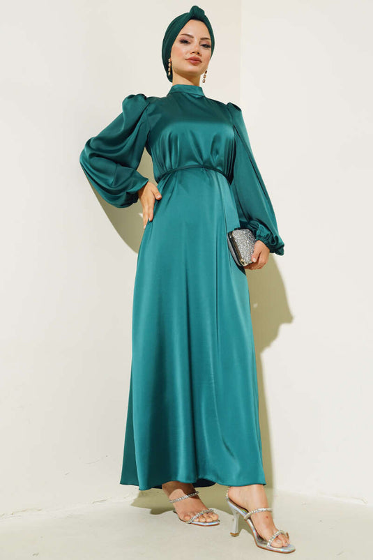 Slim Strap Elastic Sleeve Satin Dress Emerald