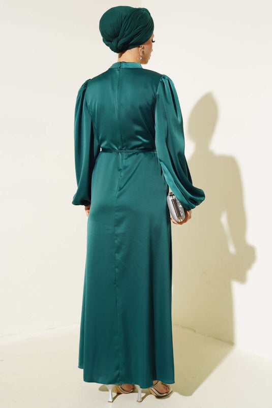 Slim Strap Elastic Sleeve Satin Dress Emerald