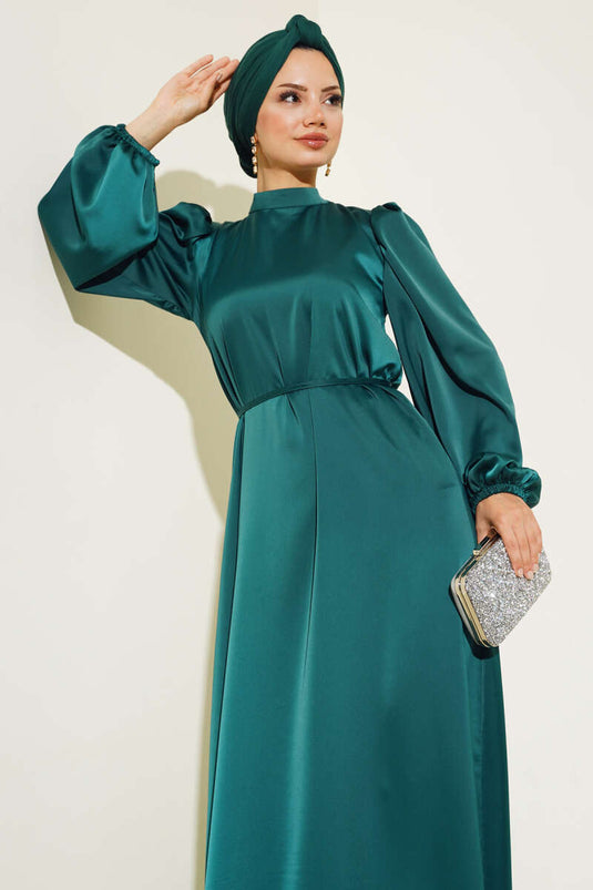 Slim Strap Elastic Sleeve Satin Dress Emerald