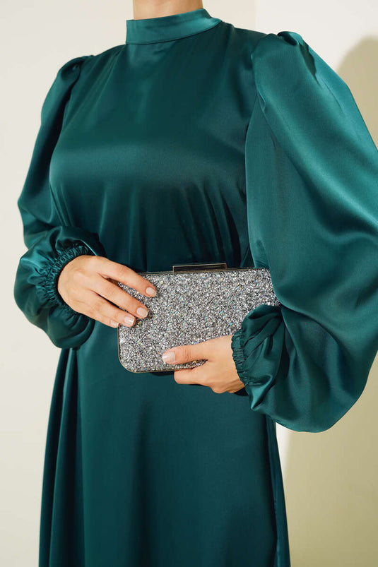 Slim Strap Elastic Sleeve Satin Dress Emerald