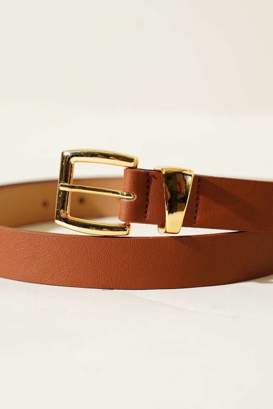 İnce Metal Kare Tokalı Kemer Taba