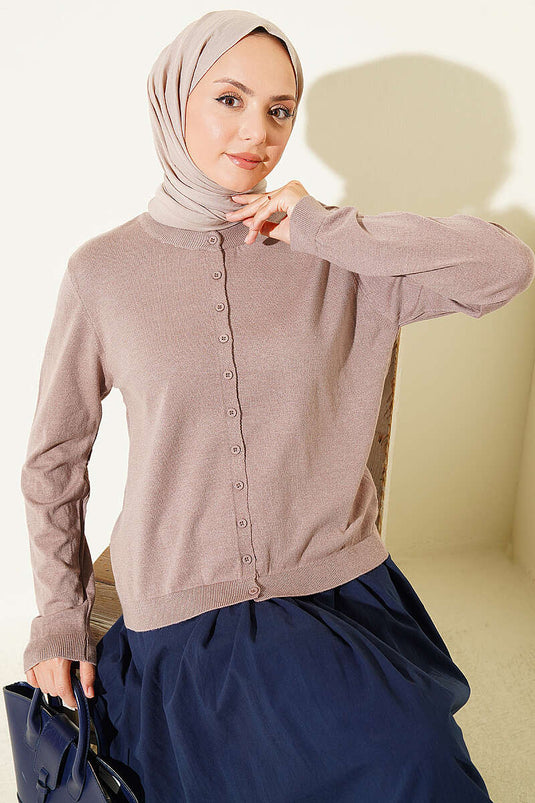 Dunne Gebreide Knopjesshirt In Mink