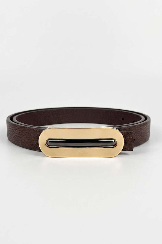 Thin Oval Gold Buckle Belt Dark Brown