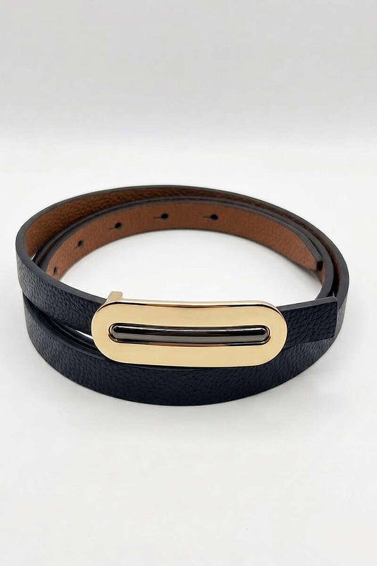Thin Oval Gold Buckle Belt Black