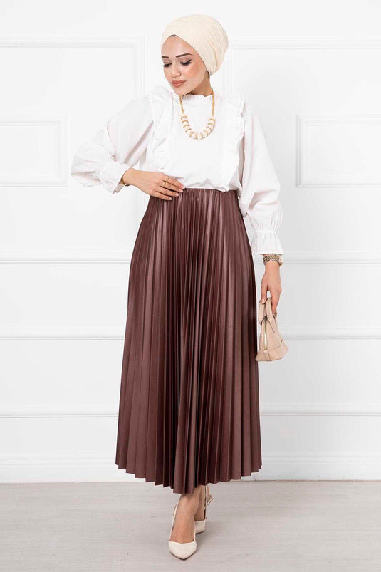 İnce Piliseli Uzun Tesettür Etek Fındık Kabuğu