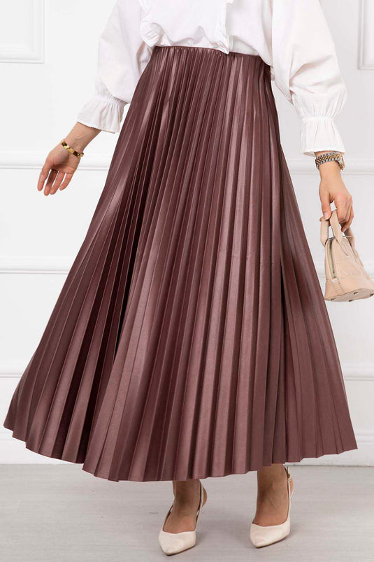 İnce Piliseli Uzun Tesettür Etek Fındık Kabuğu