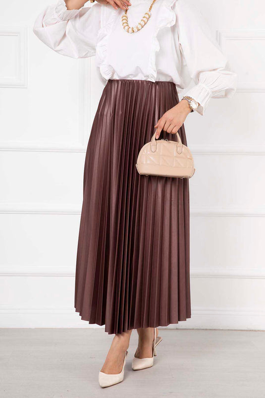 İnce Piliseli Uzun Tesettür Etek Fındık Kabuğu