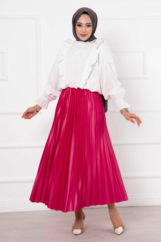 Thin Pleated Long Modest Skirt Fuchsia