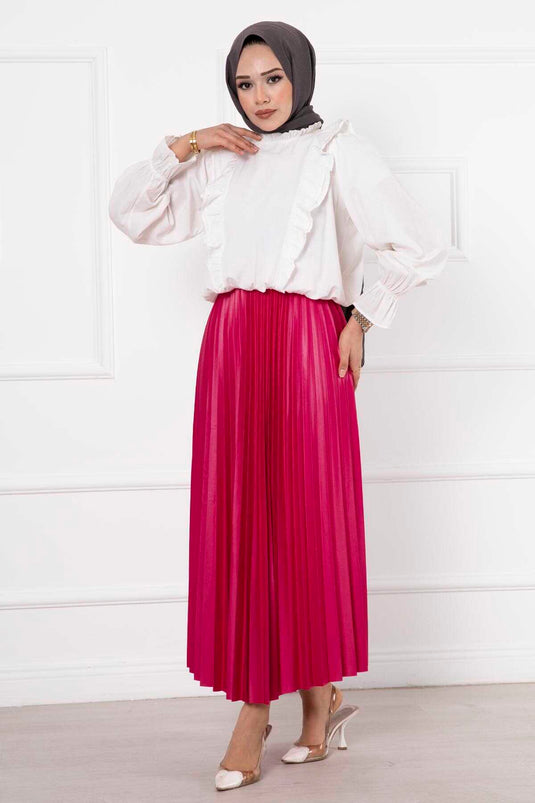 Thin Pleated Long Modest Skirt Fuchsia