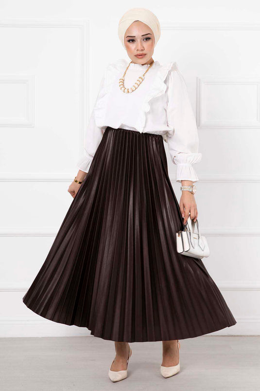 Thin Pleated Long Modest Skirt Brown