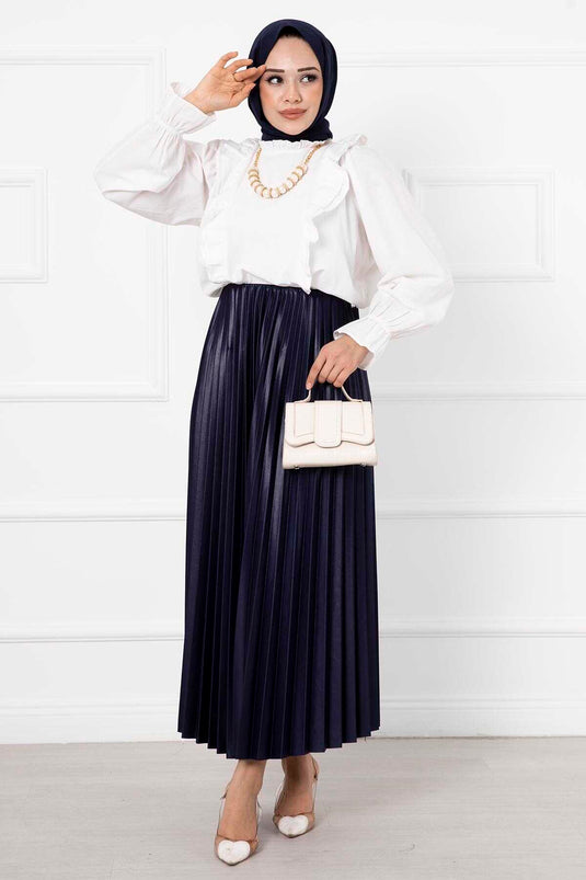 Jupe Hijab Longue Plissée Fine Bleu Marine