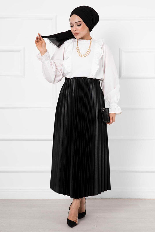 İnce Piliseli Uzun Tesettür Etek Siyah