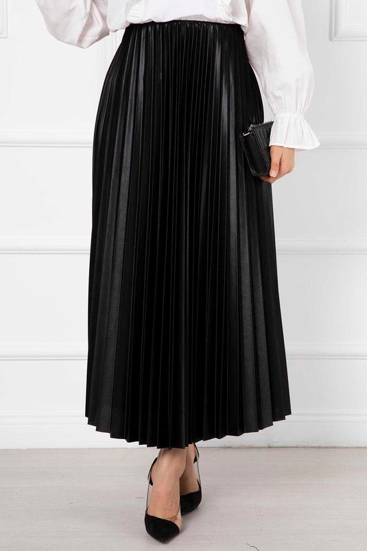 İnce Piliseli Uzun Tesettür Etek Siyah