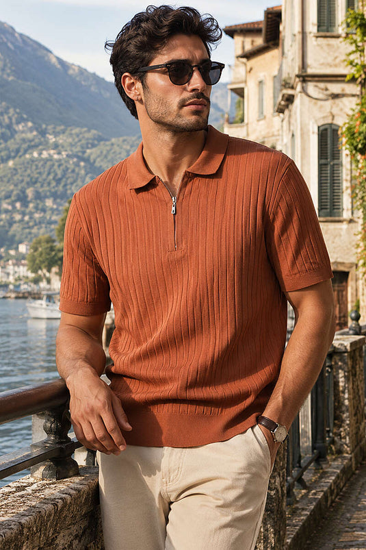 T-shirt homme en coton mercerisé à col polo fin, couleur brique