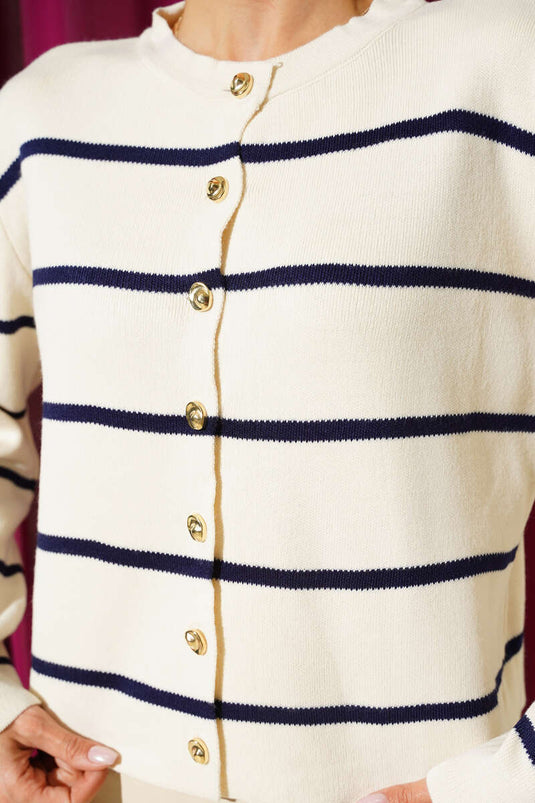 İnce Yatay Çizgili Triko Hırka Bej Lacivert